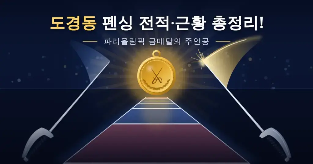 펜싱 피스트 끝에서 빛나는 금메달을 향해 양쪽에서 사브르가 뻗어 있고 오른쪽 칼날이 금빛 궤적을 그리며, 위쪽에 "도경동 펜싱 전적·근황 총정리!" 제목이 적힌 그래픽